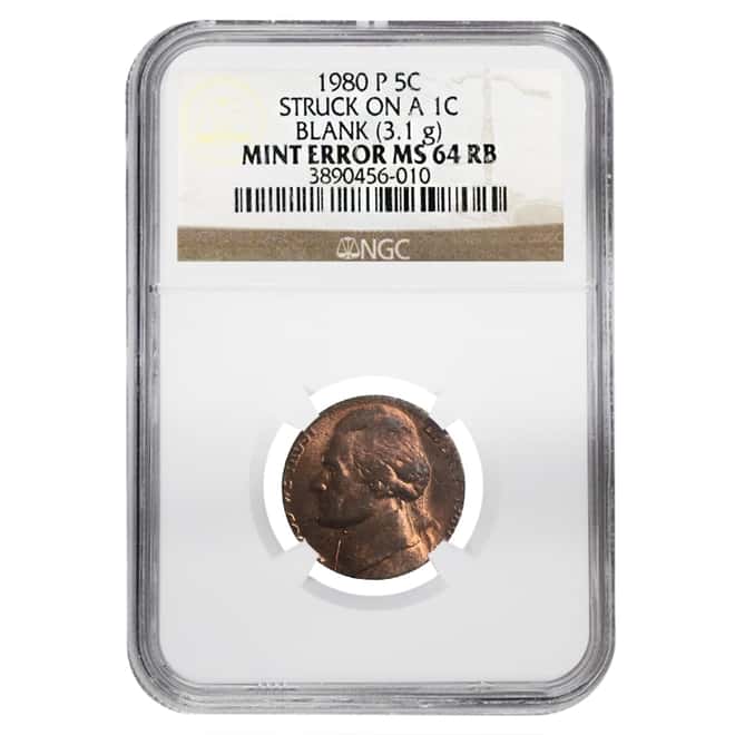 1980 P Jefferson Nickel NGC MS 64 RB Mint Error (Struck on 1 Cent Planchet)