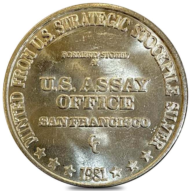 1981 1 oz U.S. Assay Office Strategic Stockpile Silver Round .999 Fine