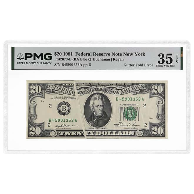 1981 $20 Federal Reserve Note Gutter Fold Error PMG VF 35 EPQ