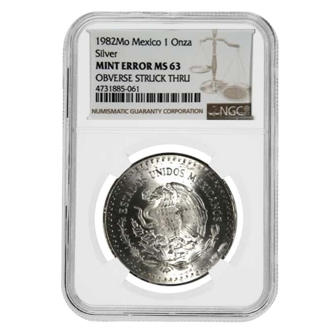 1982 1 oz Silver Mexican Libertad NGC MS 63 Obv Mint Error