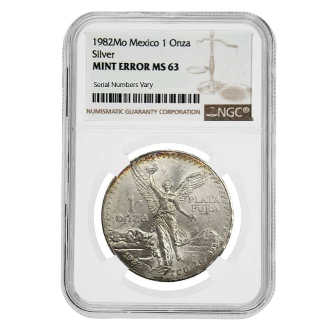 1982 1 oz Silver Mexican Libertad NGC MS 63 Rev Mint Error