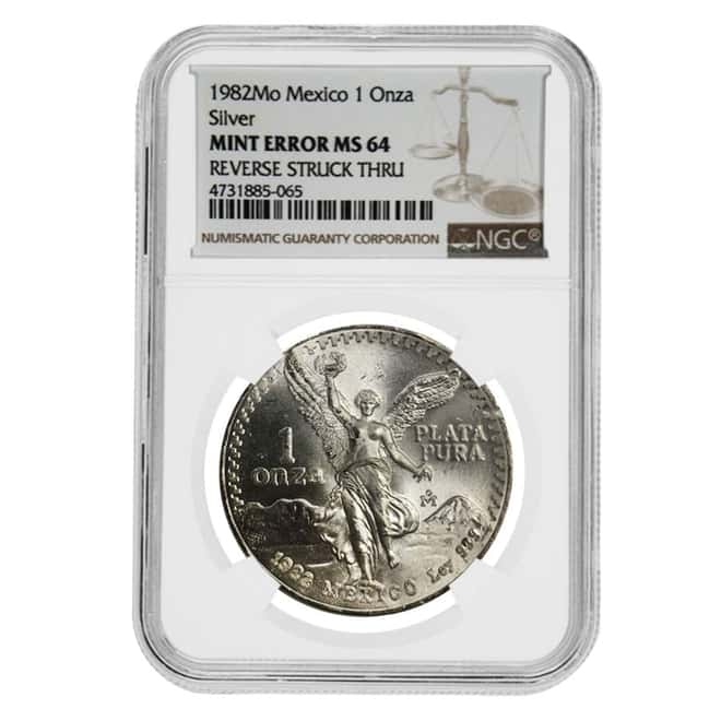 1982 1 oz Silver Mexican Libertad NGC MS 64 Rev Mint Error