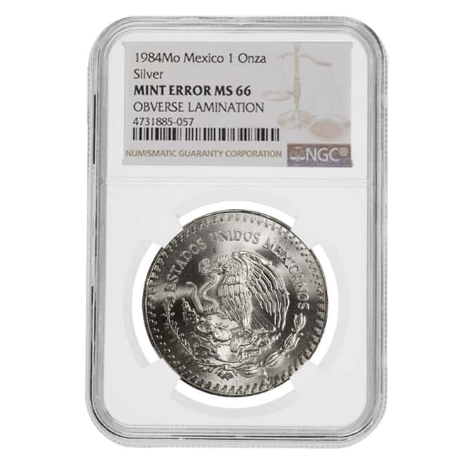 1984 1 oz Silver Mexican Libertad NGC MS 66 Obv Mint Error