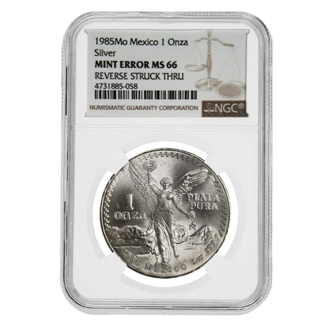 1985 1 oz Silver Mexican Libertad NGC MS 66 Rev Mint Error