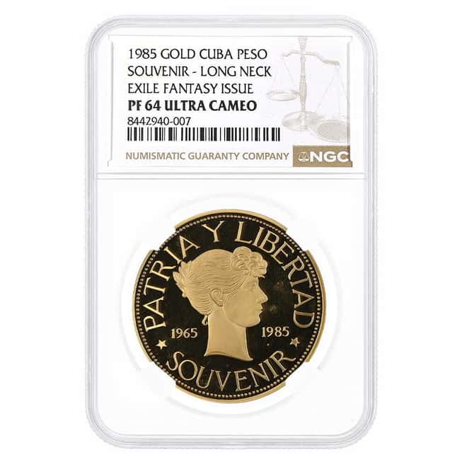 1985 1 Peso Cuba Exile Fantasy Souvenir Long Neck Gold Coin NGC PF 64 UCAM