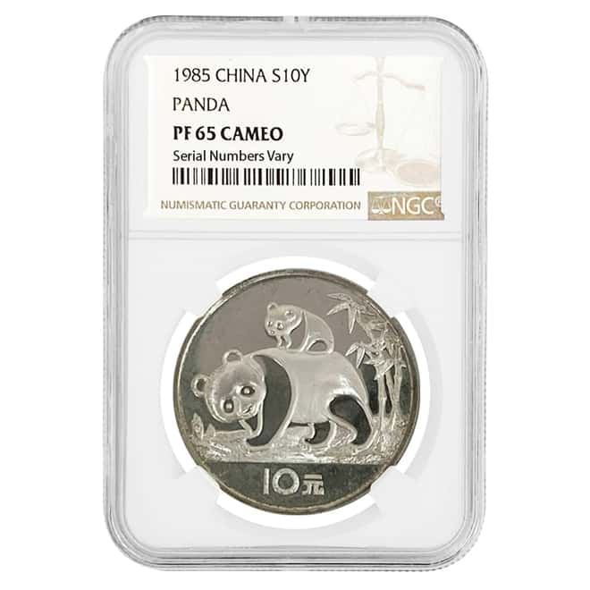 1985 27 gram Chinese Silver Panda 10 Yuan NGC PF 65 Cameo