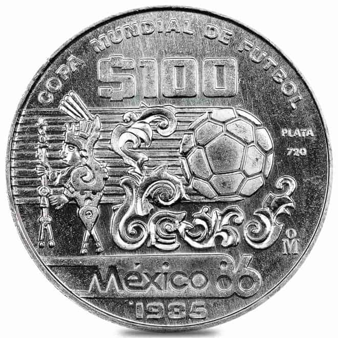 1985 Mexican 100 Pesos 1986 World Cup Silver Coin BU