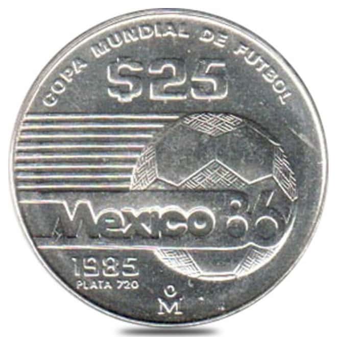 1985 Mexico 25 Pesos 1986 FIFA World Cup Silver Coin BU