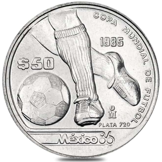 1985 Mexico 50 Pesos 1986 FIFA World Cup Silver Coin BU