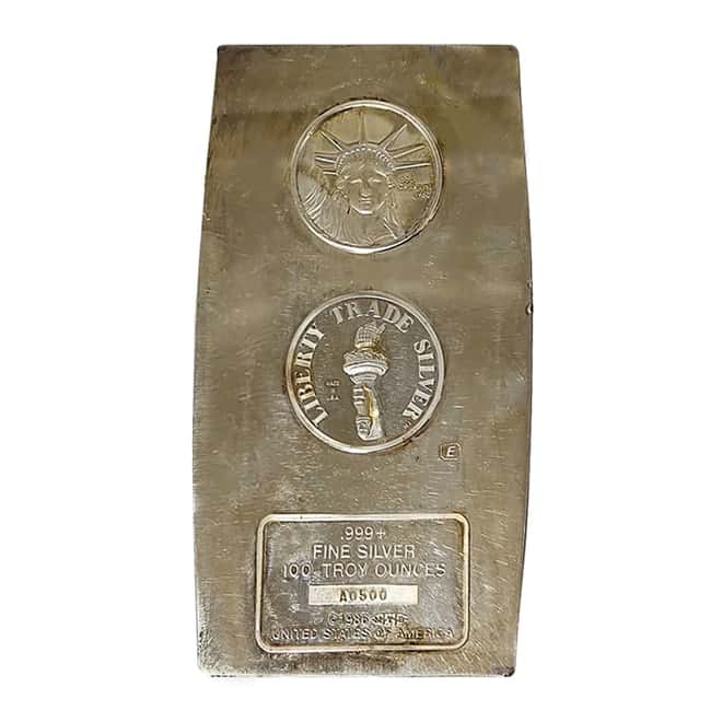 1986 100 oz Engelhard MTB Silver Vintage Bar .999+ Fine (Liberty Trade Silver, Liberty Head logo)