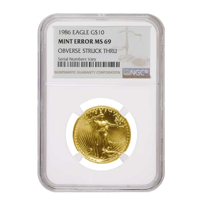 1986 1/4 oz $10 Gold American Eagle NGC MS 69 Mint Error (Obv Struck Thru)