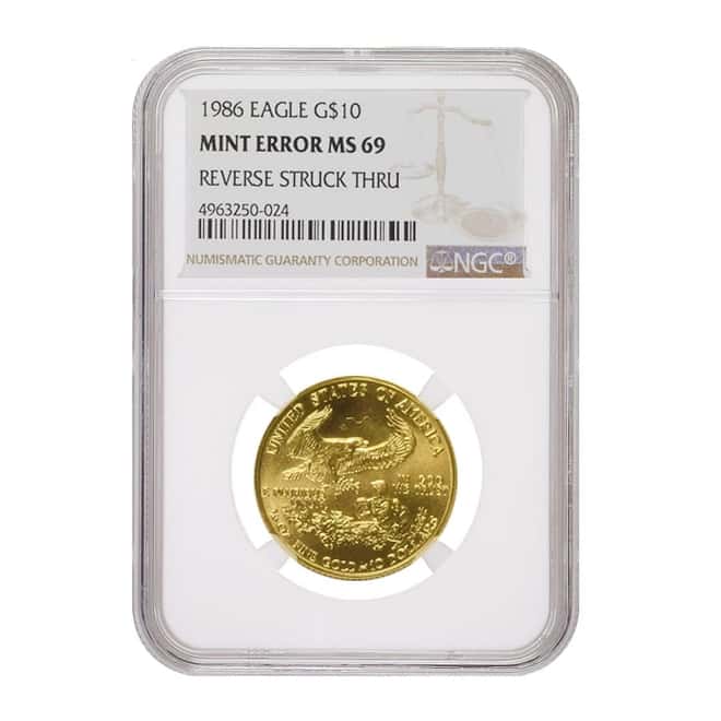 1986 1/4 oz $10 Gold American Eagle NGC MS 69 Mint Error (Rev Struck Thru)