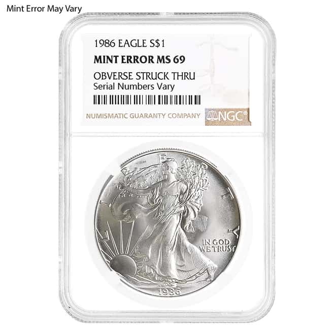 1986 1 oz Silver American Eagle NGC MS 69 Mint Error (Obv Struck Thru)
