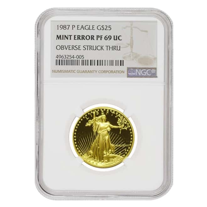 1987 P 1/2 oz $25 Proof Gold American Eagle NGC PF 69 UCAM Mint Error (Obv Struck Thru)