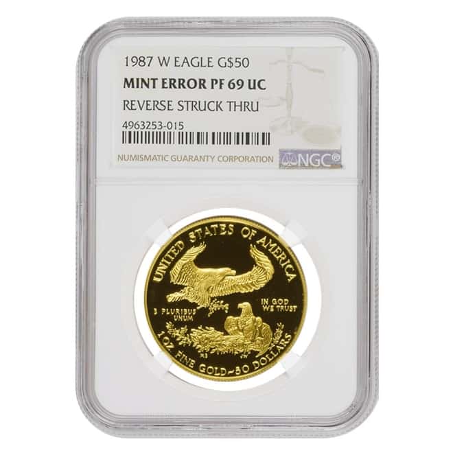 1987 W 1 oz $50 Proof Gold American Eagle NGC PF 69 UCAM Mint Error (Rev Struck Thru)