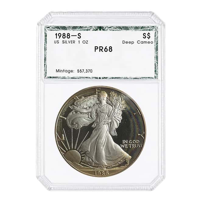 1988-S 1 oz Proof Silver American Eagle PCI PF 68 Deep Cameo Rainbow Toned