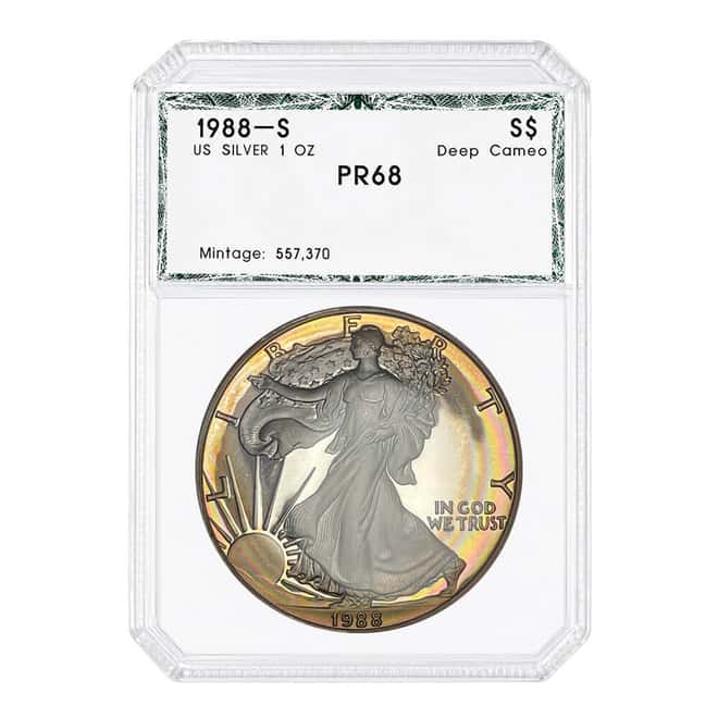 1988-S 1 oz Proof Silver American Eagle PCI PF 68 Deep Cameo Rainbow Toned