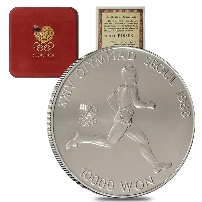1986 1 oz Silver Korea Seoul Olympics Runner 10000 Won Commemorative Coin (w/Box & COA)
