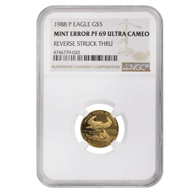 1988 P 1/10 oz $5 Proof Gold American Eagle NGC PF 69 UCAM Mint Error (Rev Struck Thru) 