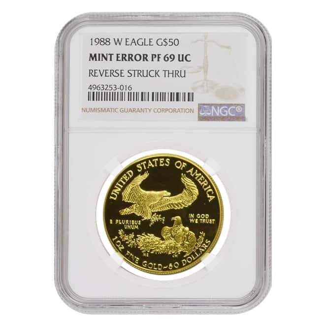 1988 W 1 oz $50 Proof Gold American Eagle NGC PF 69 UCAM Mint Error (Rev Struck Thru)