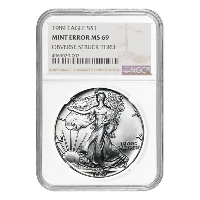 1989 1 oz Silver American Eagle NGC MS 69 Mint Error (Obv Struck Thru)