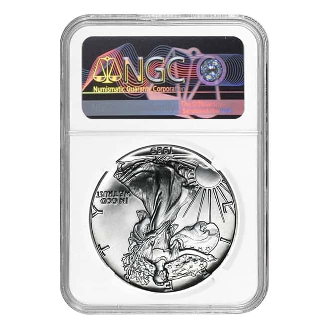 1989 1 oz Silver American Eagle NGC MS 69 Mint Error (Rev Struck Thru)