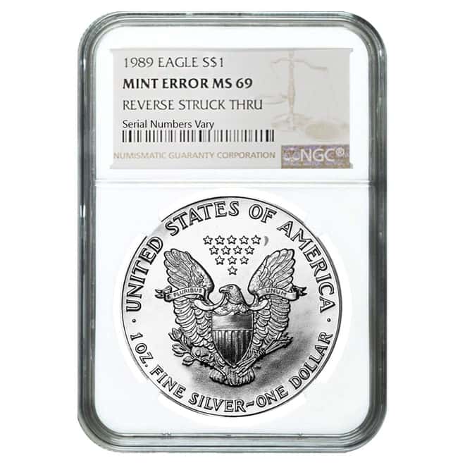 1989 1 oz Silver American Eagle NGC MS 69 Mint Error (Rev Struck Thru)