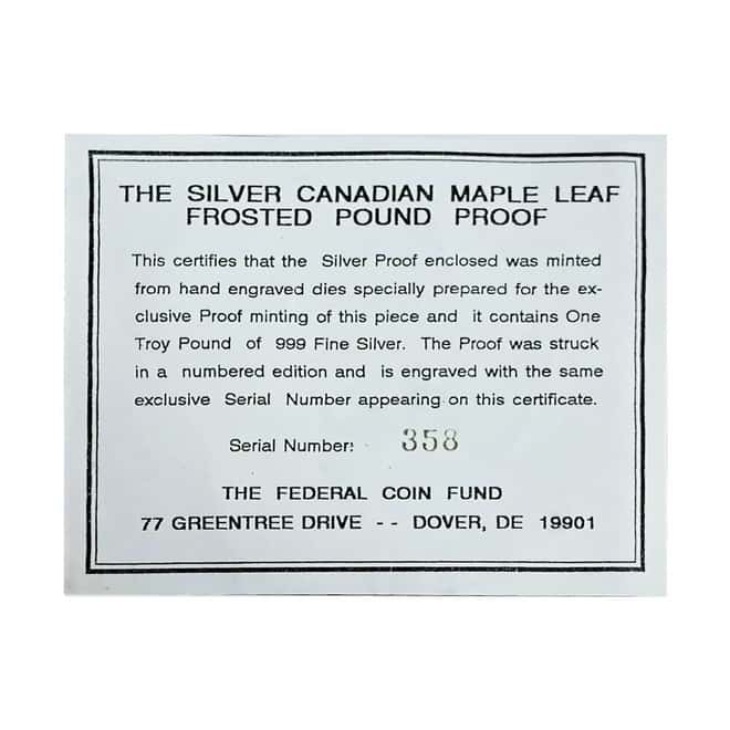 1990 12 oz Frosted Proof Canadian Silver Maple Leaf Round (w/Box & COA)
