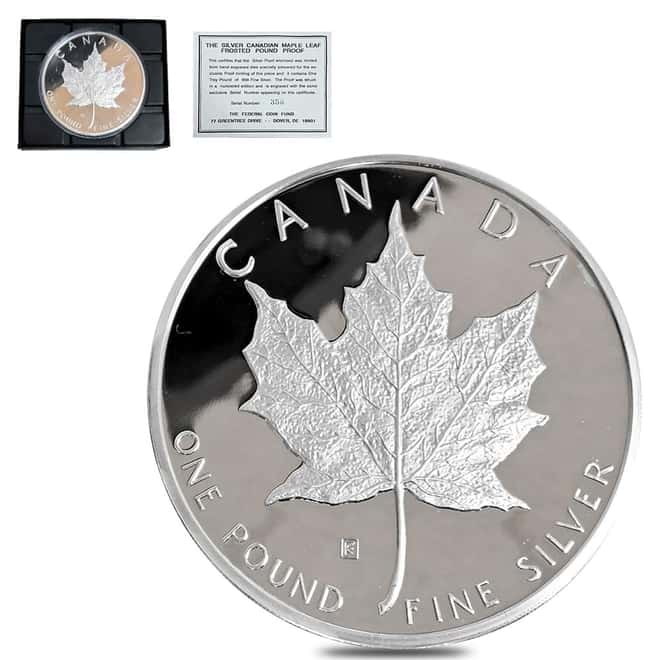 1990 12 oz Frosted Proof Canadian Silver Maple Leaf Round (w/Box & COA)