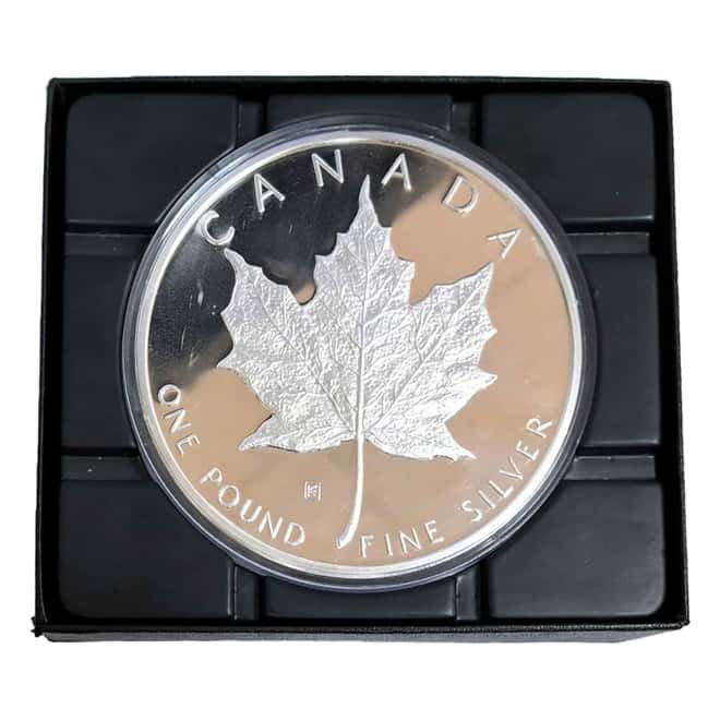 1990 12 oz Frosted Proof Canadian Silver Maple Leaf Round (w/Box & COA)