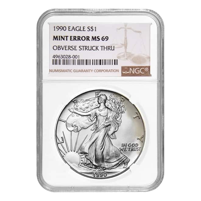 1990 1 oz Silver American Eagle NGC MS 69 Mint Error (Obv Struck Thru)