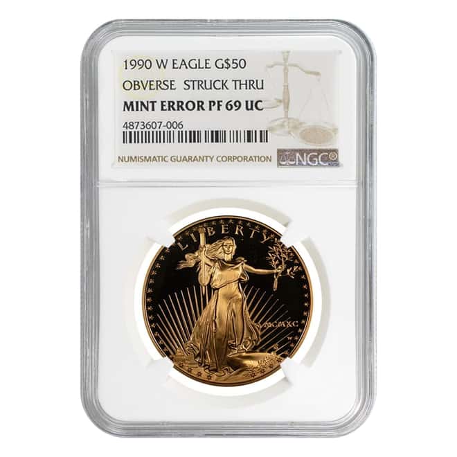 1990 W 1 oz $50 Proof Gold American Eagle NGC PF 69 UCAM Mint Error (Obv Struck Thru) 