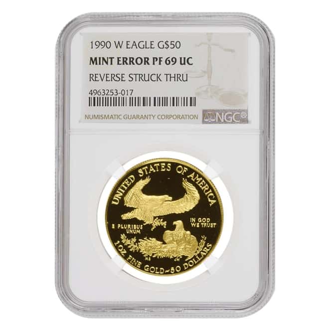 1990 W 1 oz $50 Proof Gold American Eagle NGC PF 69 UCAM Mint Error (Rev Struck Thru)