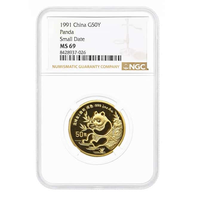 1991 1/2 oz Chinese Gold Panda 50 Yuan Small Date NGC MS 69