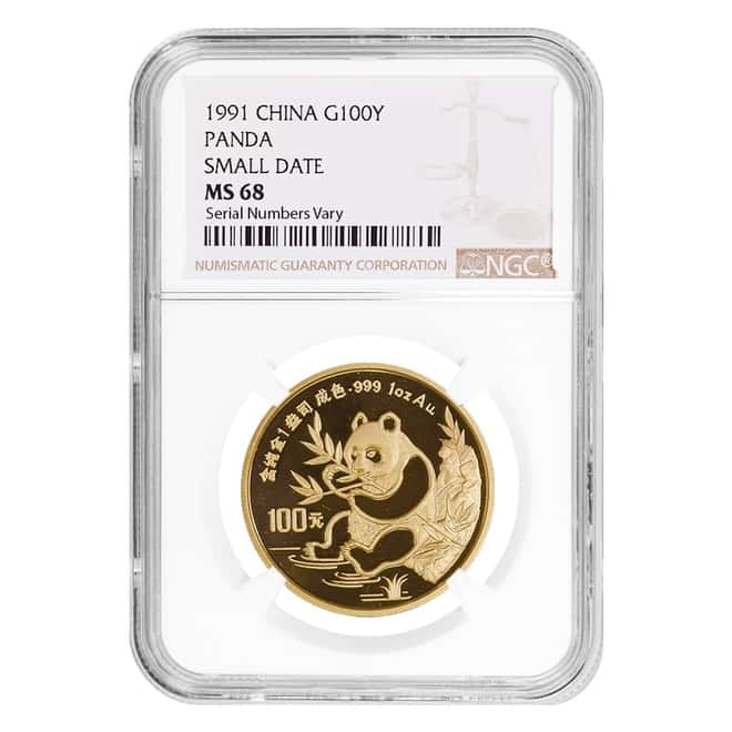 1991 1 oz Chinese Gold Panda 100 Yuan Small Date NGC MS 68