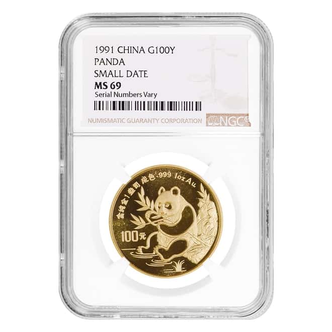 1991 1 oz Chinese Gold Panda 100 Yuan Small Date NGC MS 69