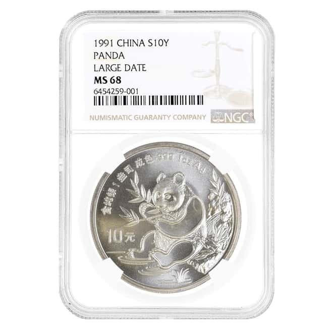 1991 1 oz Chinese Silver Panda 10 Yuan Large Date NGC MS 68