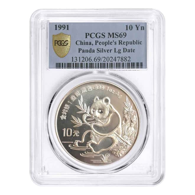 1991 1 oz Chinese Silver Panda 10 Yuan Large Date PCGS MS 69