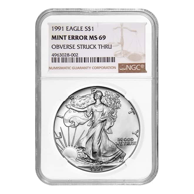 1991 1 oz Silver American Eagle NGC MS 69 Mint Error (Obv Struck Thru)