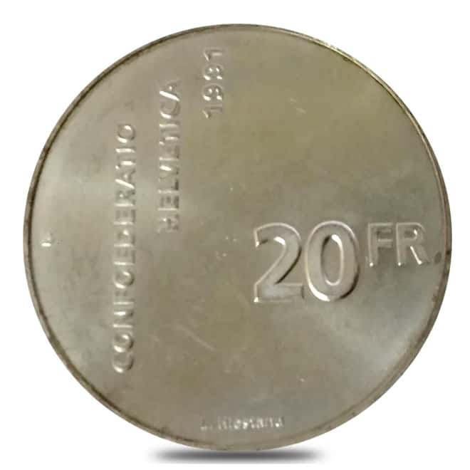 1991 B Swiss Silver 20 Francs 700 Years of Confederation ASW .5369 oz (Secondary Market)
