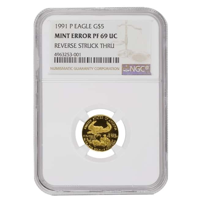 1991 P 1/10 oz $5 Proof Gold American Eagle NGC PF 69 UCAM Mint Error (Rev Struck Thru)