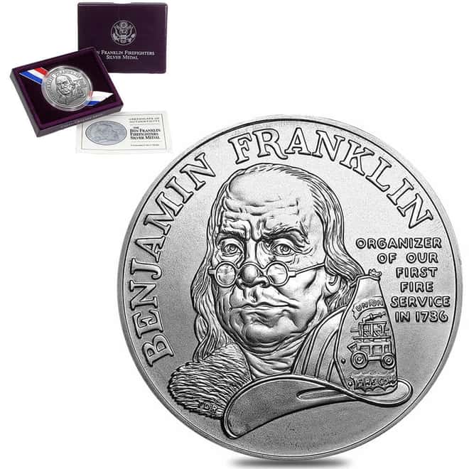 1992-P US Mint 1 oz Ben Franklin Firefighters Silver Medal BU .999 Fine (w/Box & COA)