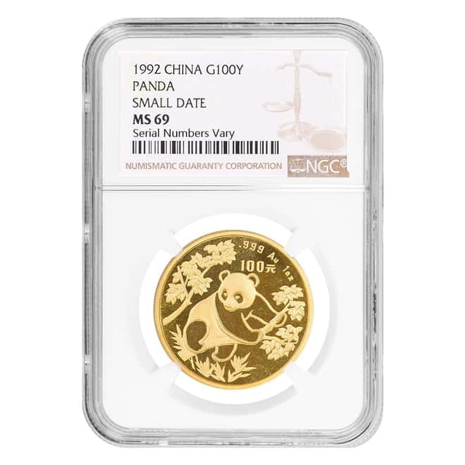 1992 1 oz Chinese Gold Panda 100 Yuan Small Date NGC MS 69