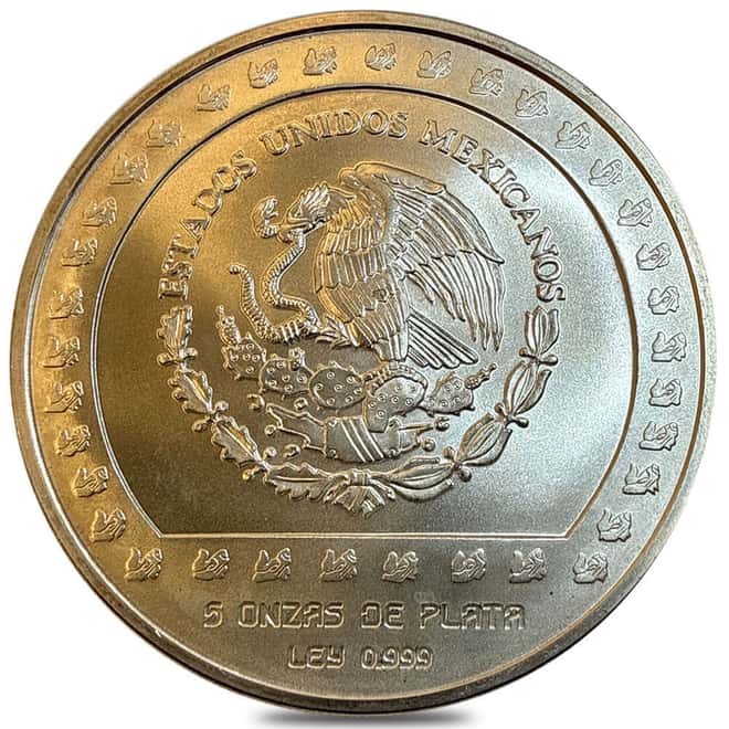 1992 5 oz Mexico Piedra De Tizoc Silver Coin Avg Circ