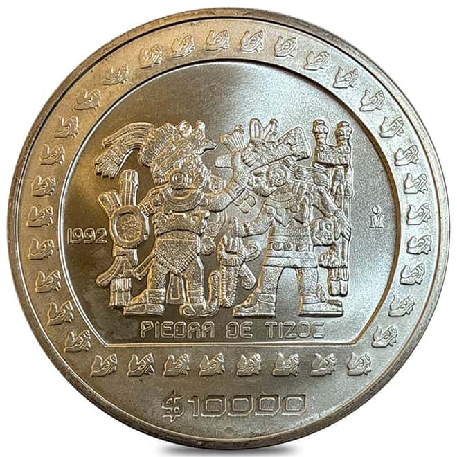 1992 5 oz Mexico Piedra De Tizoc Silver Coin Avg Circ