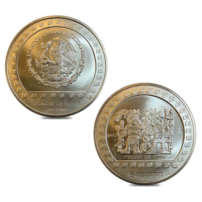 1992 5 oz Mexico Piedra De Tizoc Silver Coin Avg Circ
