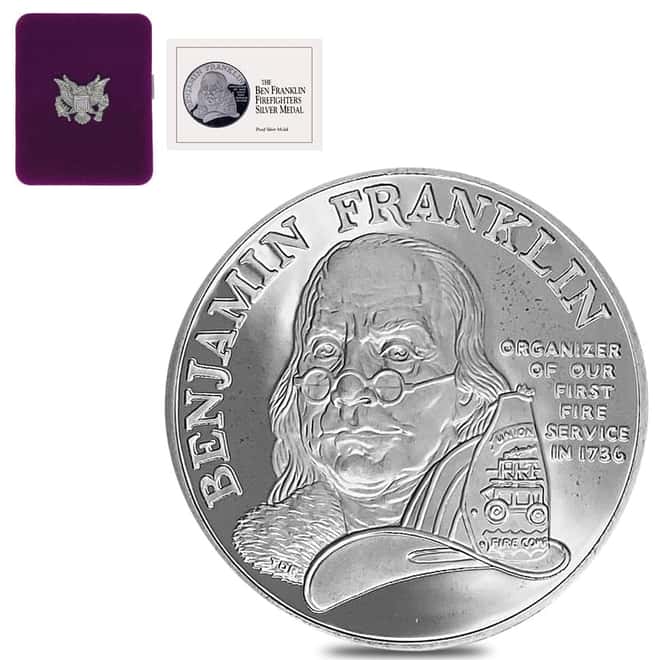 1992 US Mint 1 oz Ben Franklin Firefighters Proof Silver Medal .999 Fine (w/Box & COA)