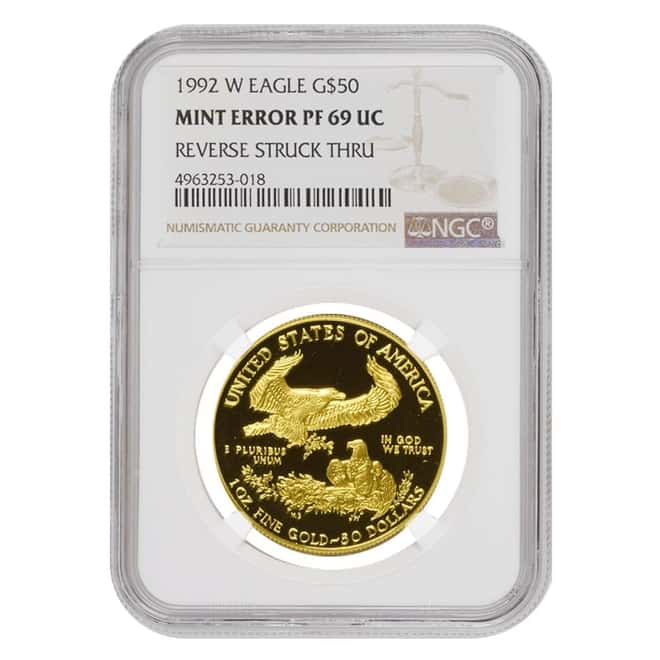 1992 W 1 oz $50 Proof Gold American Eagle NGC PF 69 UCAM Mint Error (Rev Struck Thru)