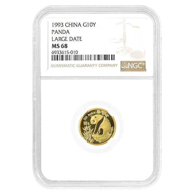 1993 1/10 oz Chinese Gold Panda 10 Yuan Large Date NGC MS 68