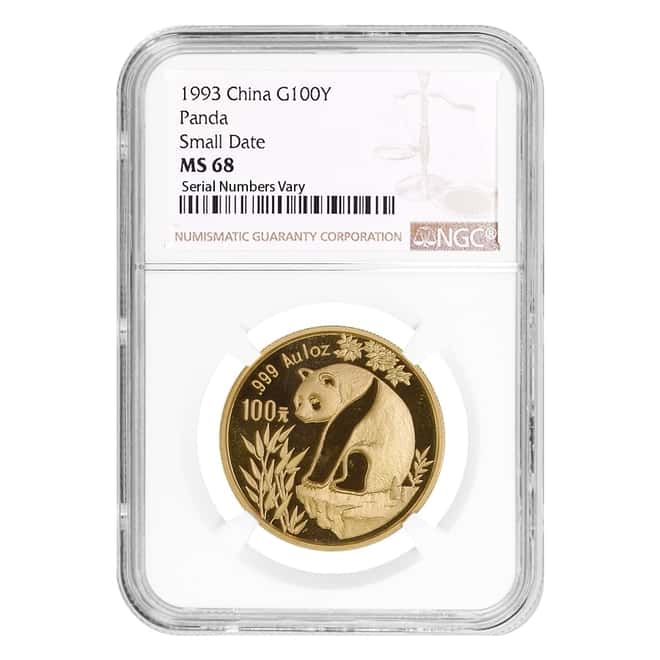 1993 1 oz Chinese Gold Panda 100 Yuan Small Date NGC MS 68